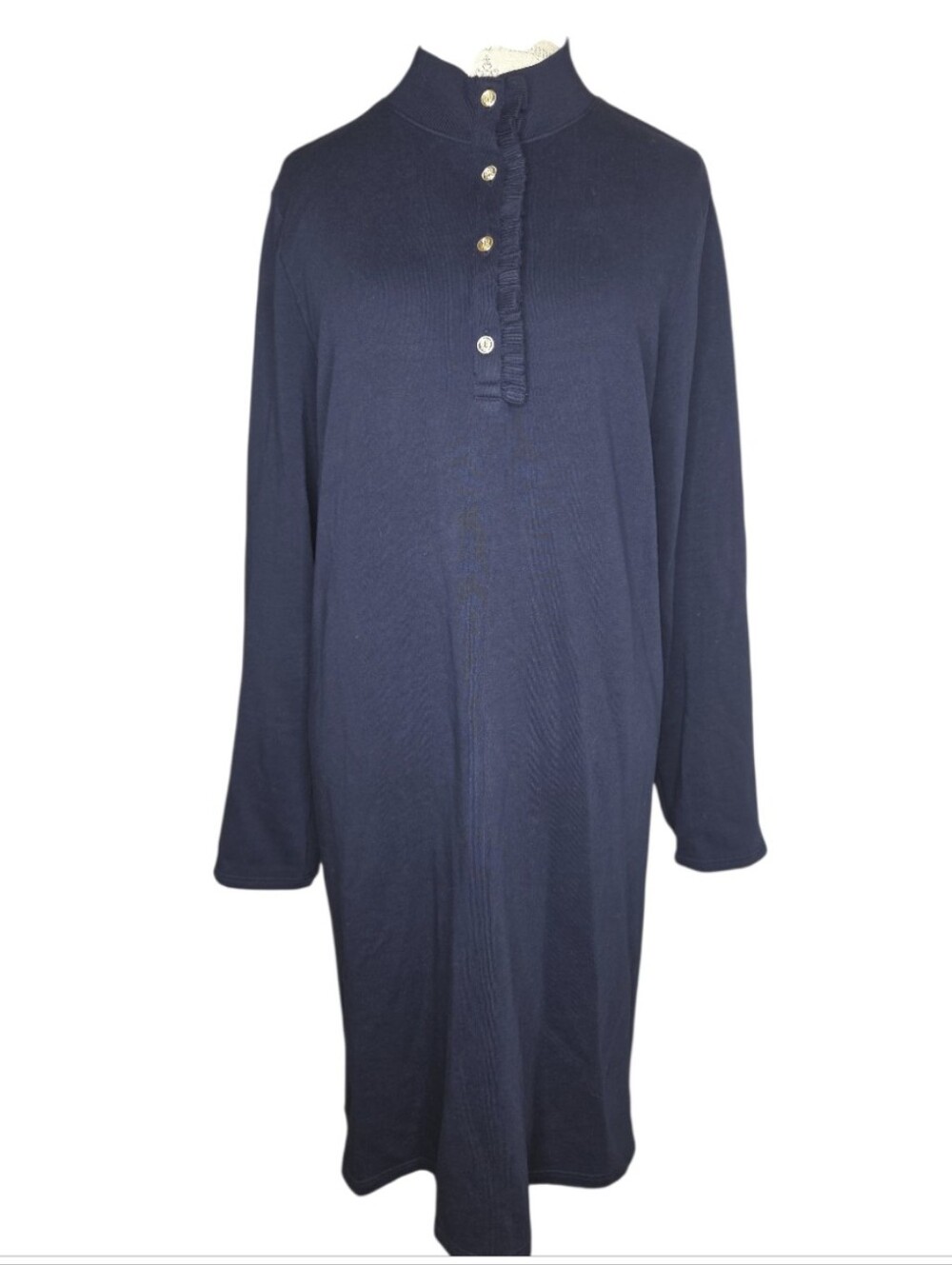 Talbots Women's Navy French Terry Mock Neck Ruffle Placket Shift Dress Size XL